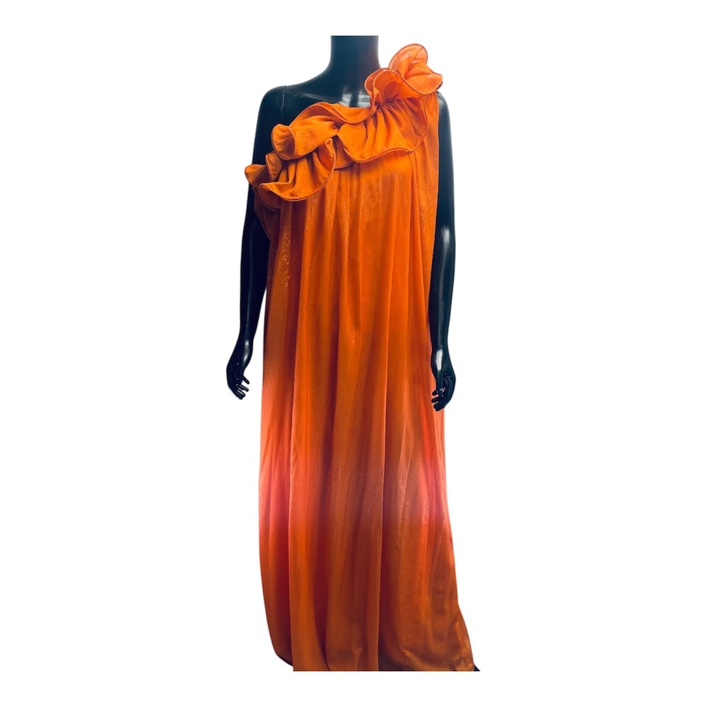 Sunfere 3D Hedda One Shoulder Floral Maxi Dress Orange Pleated Ruffle Large